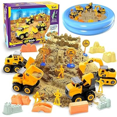Play Construction Sand Kit,2.2lbs Magic Sand W/4 Large Take Apart Construction Trucks,1 Sandbox,8 Worker Figures and Road Signs,8 Molds,Toys for 2-8 Years Old Boys Girls