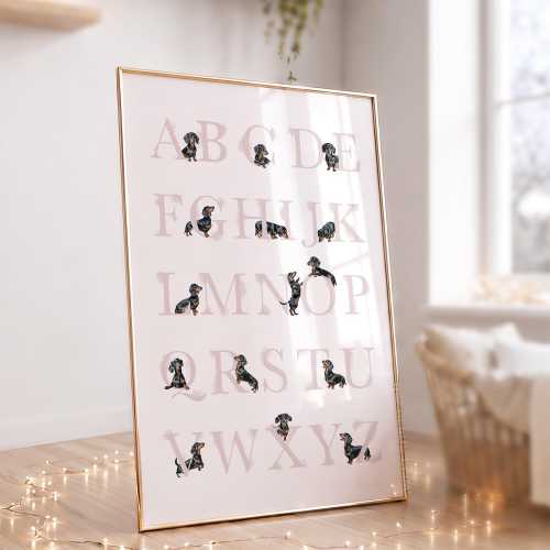 Dachshund Alphabet Poster Pink | Wiener Dog ABC Print | Black & Tan Sausage Dog Nursery Art | Baby Girl Wall Decor | Digital Download