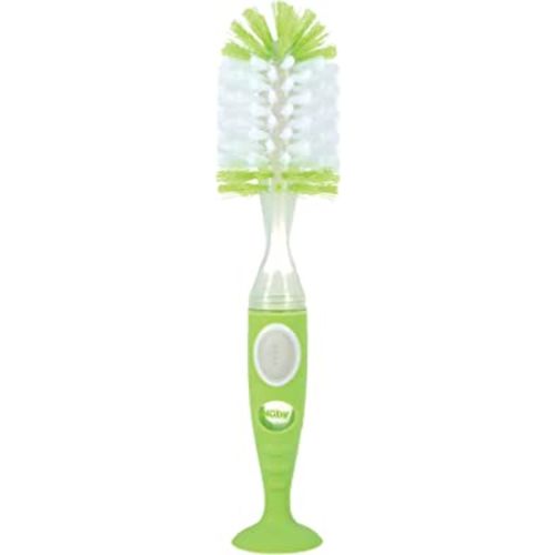 Nuby Easy Clean Dispensing Soft and Durable Bristle Bottle Brush with Textured Handles and Suction Base, 2 in 1 System, Green
