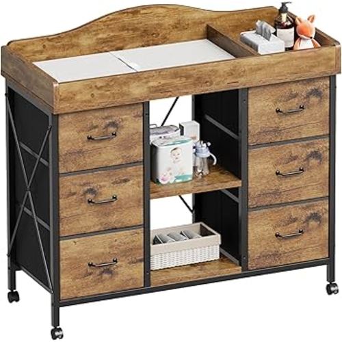 Changing Table, 6-Drawer Baby Dresser with Changing Table top,Waterproof Diaper Changing Station & Pad, 2 Height-Adjustable Open Storage Shelves, Mobile Nursery Organizer, Rustic Brown