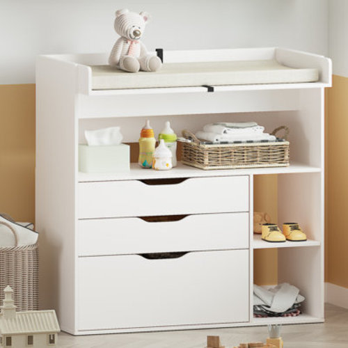 Saunti Baby Changing Table Dresser，a Wood Diaper Changing Station with 3 Drawers and 3 Storage Shelves | Wayfair