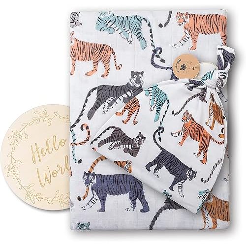 Miaoberry 100% Organic Cotton Baby Muslin Swaddle Blanket Set|Cream Tiger| Gender Neutral for Boys Girls|Yellow Mustard Orange Sun Rays| Hospital Newborn Receiving Blanket |Newborn Unisex