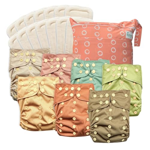 Babies Beginning 7-Pack Reusable Cloth Diapers with AWJ Interior – Includes 14 Absorbent Inserts and 1 Wet Bag – Adjustable, Waterproof, and Washable (Moss & Maple, Cotton Inserts)