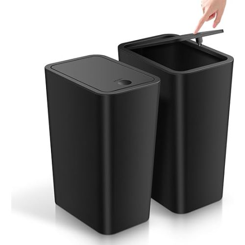 TIPGO Bathroom Trash Can with Lid, 4 Gallon / 15 Liter Small Garbage Can, Press Top Bin, Plastic Wastebasket with Pop-Up Lid for Bedroom, Living Room, Office (Black, 2 Pack)