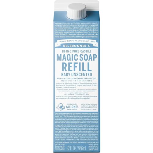 Dr. Bronner's Pure-Castile Liquid Soap Refill - Made with Regenerative Organic Certified Oils, 86% Less Plastic - 18-in-1 Uses, For Face, Body Wash, Hand Soap Refill & More - Baby Unscented, 32oz