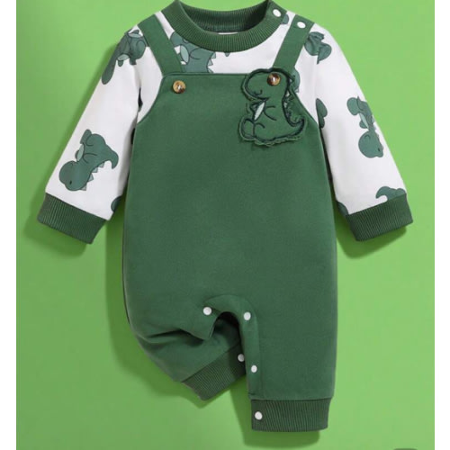 SHEIN Persoplay Kids Baby Boy Casual Cute Dinosaur Embroidered Contrast Color Long Sleeve Jumpsuit, Autumn