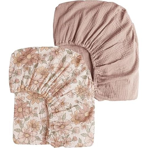 Konssy Muslin Crib Sheets for Girl Boy, 2 PCS Soft and Breathable Cotton Baby Sheets for Standard Crib Mattress, 52"x 28" (Vintage Petals,Taupe)
