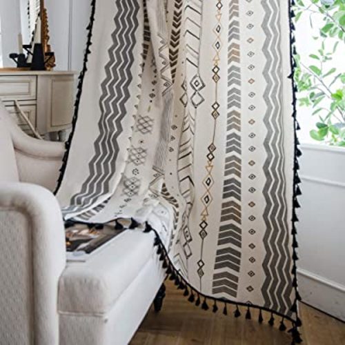 ColorBird Boho Curtains 2 Panels Aztec Western Semi-Blackout Patterned Rod Pocket Window Treatment Decorative Drapes with Black Tassels for Living Bedroom Closet 63 inch Length