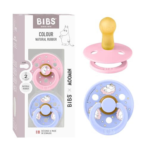 Moomin x BIBS Colour Pacifier, 6-18 Months, 2-Pack, Round, Baby Pink/Hush | Natural Rubber | Size 2 | BPA-Free | Made in Denmark | High Nipple Acceptance | Airflow Holes | Comfort Shield