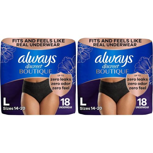Always Discreet Boutique Incontinence and Postpartum Underwear for Women, Maximum Protection, L, Black, 18 Count (Packaging May Vary) (Pack of 2)