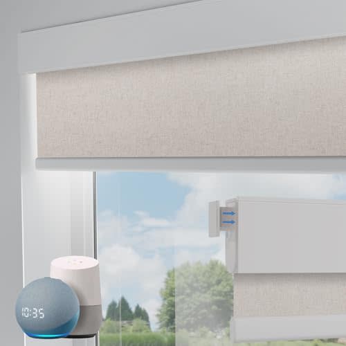 Motorized Blinds No Drill Automatic Blinds for Windows Cordless Roller Shades Electric Blinds with Remote Control Smart Blinds (Linen, 34 x 72)
