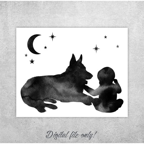 Nursery wall decor, German shepherd art, Baby with dog, Watercolor print, Baby and dog, Pregnancy announcement, Digital downloading