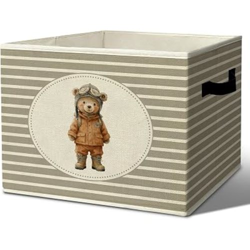 Rustic Aviation Bear Storage Bins & Boxes with Handles, Toys Books Clothes Kids, Grey Striped Nursery Foldable Basket for Organizing Bedroom Kids Toddler Room Playroom