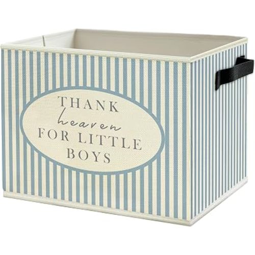 Boy Nursery Storage Bins Box with Handles, Blue Striped Thanks Heaven for Little Boys Collapsible Basket Organizer for Kids Toddler Boys Room Bedroom Bathroom Books Clothes