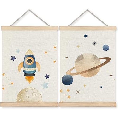 BearCake Space Nursery Decor, Solar System Rocket Wall Art Poster Hanger Frame, Space Canvas Prints Framed Wall Decor for Classroom Toddler Boys Room Nursery Playroom, 12x16 Inch Set of 2