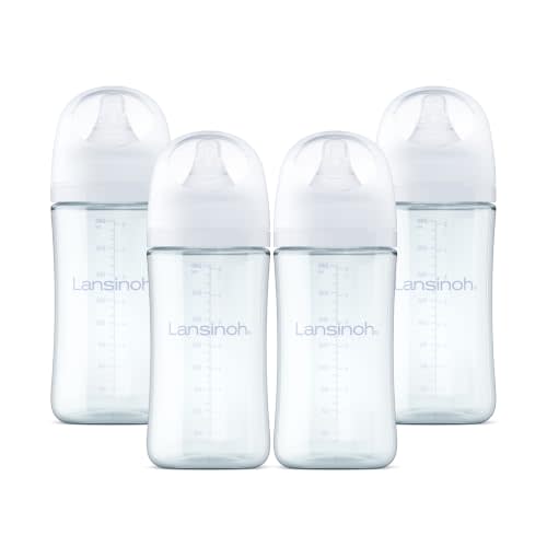 Lansinoh Anti-Colic Glass Baby Bottles, White Collar, 8 Ounces, 4 Count | Medium Flow Nipples (M), 3-6 Months, Borosilicate Glass, Lansinoh Bottles with NaturalWave Design, Baby Feeding Essentials