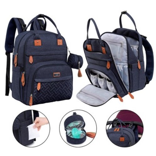 BabbleRoo Diaper Bag Backpack Stylish 26L Hands Free Baby Bag with Changing Pad, Stroller Straps & Water-Resistant, Navy Blue, Large
