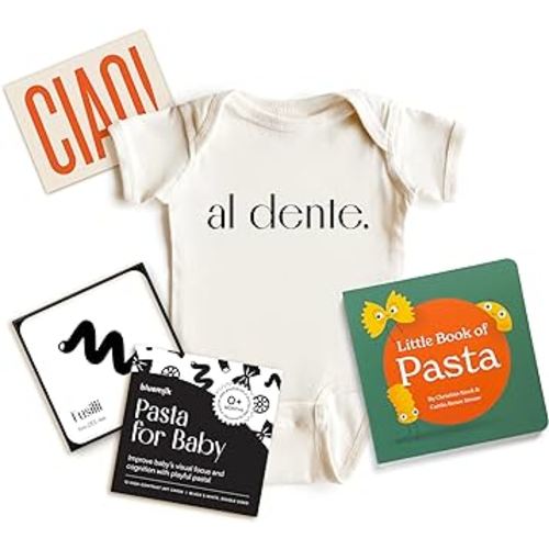Chunky Deli Pasta Baby Bundle Gender Neutral Baby Pregnancy Announcement New Parent Box Unique Italian Foodie Newborn Essentials Book Bodysuit High Contrast Sensory Toys Personalized Postcard Keepsake