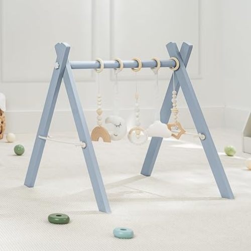 Comfy Cubs Wooden Baby Play Gym - Natural Finish Pinewood Baby Activity Gym with 5 Sensory Hanging Toys - Easy No-Tool Assembly, Safe and Durable for Infant Motor and Visual Development - Pacific Blue