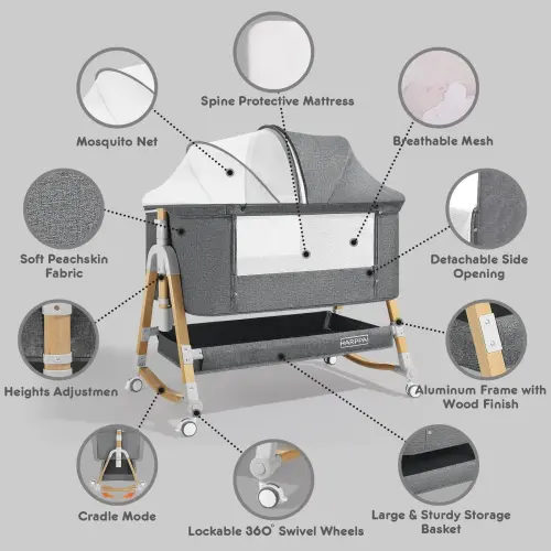 HARPPA Cuddly | 3-in-1 Baby Bassinet Bedside Sleeper, Rocking Bassinet with Mattress & Cover, 5 Height Adjustable Bassinet for Baby with Wheels, Crib For Infant - TikTok Shop