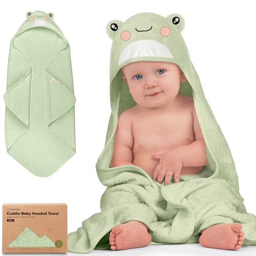 KeaBabies Hooded Baby Towel for Newborn - Viscose Derived from Bamboo Large Baby Bath Towels with Hood for Boys, Girls, Toddler, Extra Absorbent & Soft Newborn Bath Essentials (Frog, Petite)