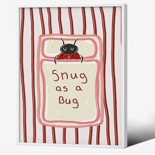 Pink Nursery Room Wall Art Lnsect Pictures Paintings Funny Snug as a Bug Quotes Posters Cute Ladybug Canvas Prints for Kids Toddler Room Classroom Playroom Bedroom Decor 12x16 inch Wood Grain Frame