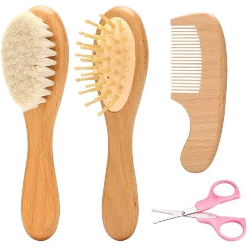Goat Baby Hair Brush Set, Wooden Comb Massage Scalp Comb, Safe Natural Hair Care Kit, Soft Silicone Bath Brush for Newborns Toddlers (Brush Set+ Massager)