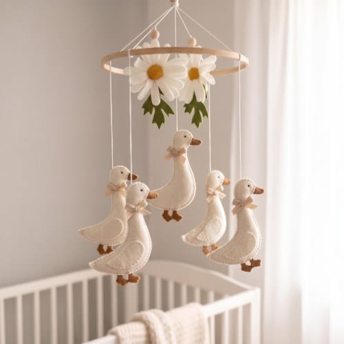 Felt Goose and Daisy Mobile Neutral Crib Decor, Felt Goose Nursery Decor, White Flower Crib Mobile,  Baby Shower Gift for Girl or Boy