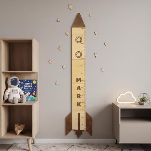 Growth Chart Board, Personalized Wooden Rocket Kids Height Measuring Ruler, Space Nursery Wall Decor, Custom Wooden Height Ruler
