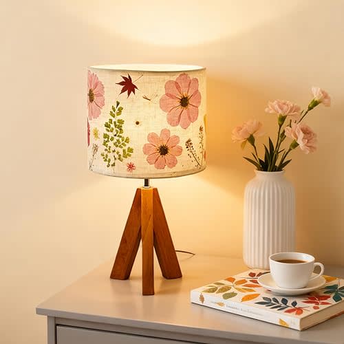 Floresita Dried Flowers Tripod Table Lamp 14.96in, 9W LED 3-Color Cute Bedside Lamp with Flowers Linen Lampshade for Nursery, Bedroom, Kid Room, Living Room, Light Brown Wooden Base
