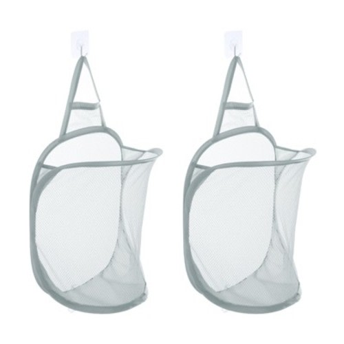 Unique Bargains Nylon Mesh Breathable Hanging Laundry Hamper with Hooks 2 Pcs Grey