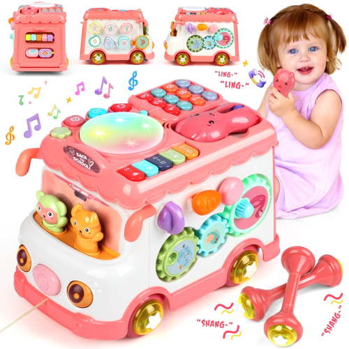 Huge Wave 12 in 1 Baby Montessori Learning Toys, Activity Bus Baby Sensory Toys, Toddler Education Learn Car with Music, Birthday Gift for Kids for Toddlers 1+ Years