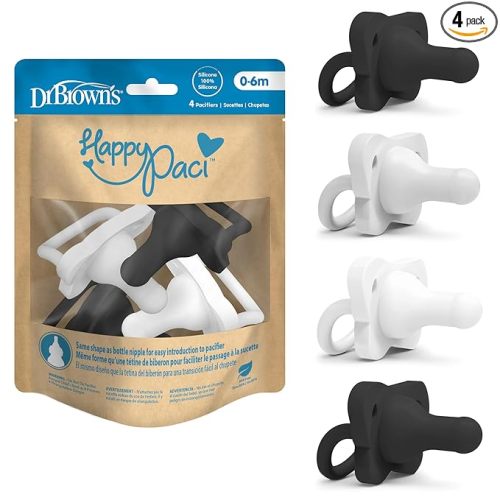 Dr. Brown's HappyPaci 100% Silicone Baby Pacifier, Contoured One-Piece Design, Gray, Black, White, 0-6m, BPA-Free, 4-Pack