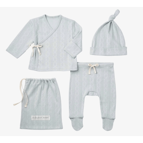 Pale Blue Organic Cotton Pointelle Layette 3 Pc Gift Set