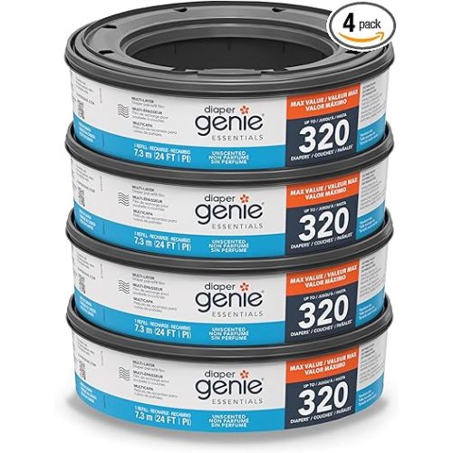 Diaper Genie Essentials Round Refill Pack of 4 | Holds Up to 1280 Newborn Diapers | Features Unscented Continuous Film | Compatible with Diaper Genie Complete and Expressions Pails