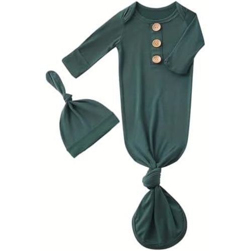 Bow Dream Newborn Baby Girls Knotted Gown Solid Color Jumpsuit with Matching Headband Bonnet Baby Boy Sleeper