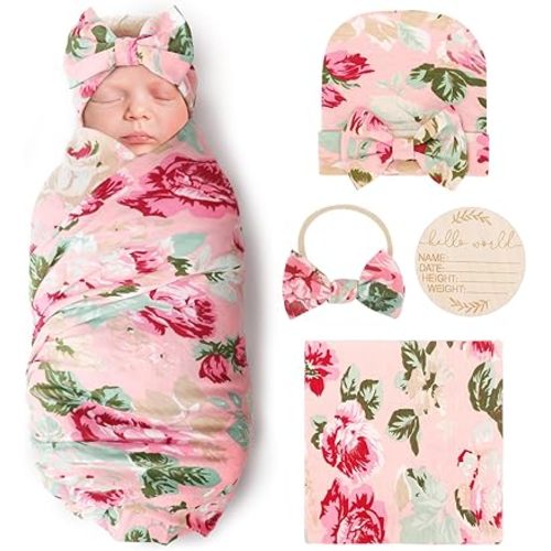 Newborn Receiving Blanket with Bow Hat Headband Wooden Card Set Newborns Toddler Baby Boy Girl Nursery Swaddle Wrap
