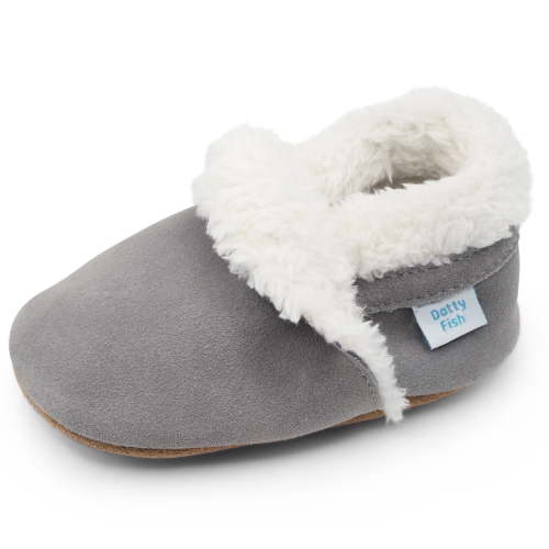 Dotty Fish Baby Suede Slippers - Non-Slip, Soft Fleece-Lined – Pale Gray, 6-12 Months
