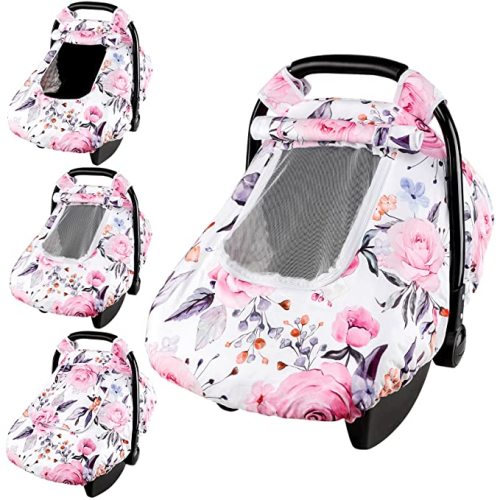 Floral Baby Carseat Cover Girls, Pea Pod Infant Car Seat Covers Canopy for Newborn with 2 Layers Windows of Breathable Mesh/Fabric, Lightweight Polyester/Minky Dot Backing, Snug Fit Most Baby Car Seat
