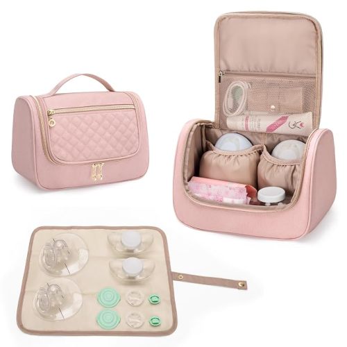 LUXJA Wearable Breast Pump Bag with a Waterproof Mat, Pink | Compatible with Momcozy/Eufy/Willow/Elvie/Medela, Carrying Case for Wearable Breast Pump and Extra Parts, Insulated Pouches