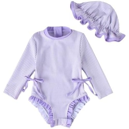DivingBirds Baby Girls Long Sleeve Swimsuit with Hat, Toddler Girls Bathing Suit with Snap and Zipper for 3 Months to 3 Years