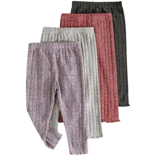 Infant Baby Girls Pants 4 Pack Ribbed Leggings Fashionable Solid Color Stretch Comfortable Toddler Bottoms
