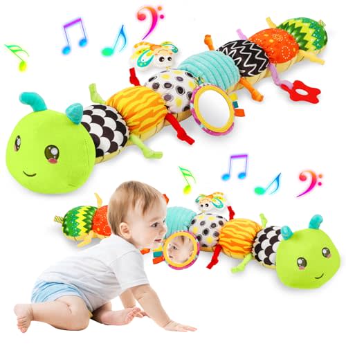 Baby Sensory Toys 0-6 6-12 Months, Stuffed Musical Caterpillar Toys | Tummy Time Toys with Mirror Rattle Crinkle Squeaker, Soft Plush Animal Toys, Montessori Toy for 6 Month Old, Newborn Gifts