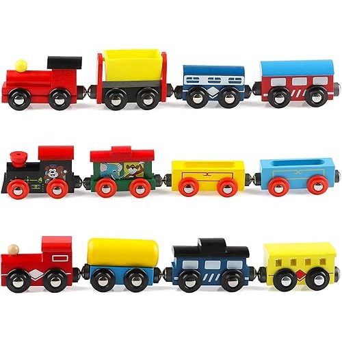 Wondertoys Wooden Train Cars 12 PCS Magnetic Set - 3 Engines and Storage Bag - Compatible With Major Brands Tracks for Toddlers and Train Table