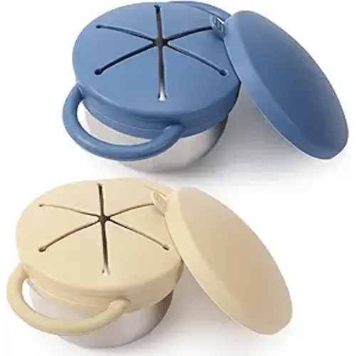 Solinfant 2 Pack Stainless Steel Spill Proof Snack Cup for Baby Toddlers Kids, with Silicone Food Catcher, Travel Lid, Spill-Proof Bowl Containers, Non Toxic BPA Free (Morandi Blue and Off-white)