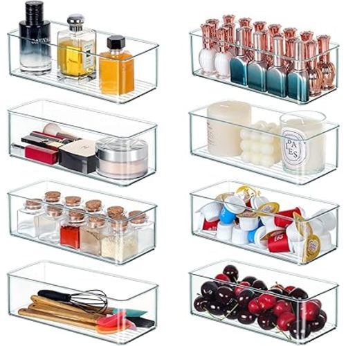 8 PACK Clear Stackable Drawer Organizer Bins, Plastic Organizer Bins for Cutlery Vanity Storage Tray for Bathroom Kitchen Office Desk Organizing
