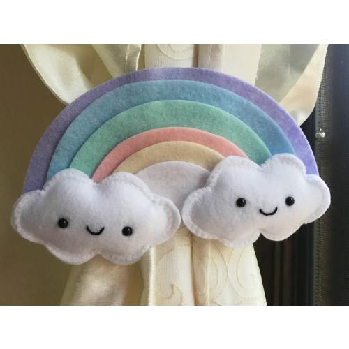 Liannas Rainbow curtain tieback, 7x5 inches, Kids home decoration, Pastel Bright, Clouds, theme Nursery decor, Baby Shower Gift