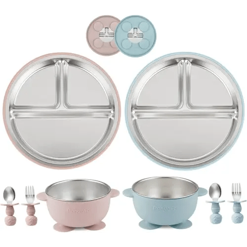 PandaEar 8PCS Baby Feeding Set | Stainless Steel Suction Plates and Bowls with Silicone Fork and Spoon Utensils | Baby Led Weaning Tableware for Toddlers & Kids (Pink & Blue)