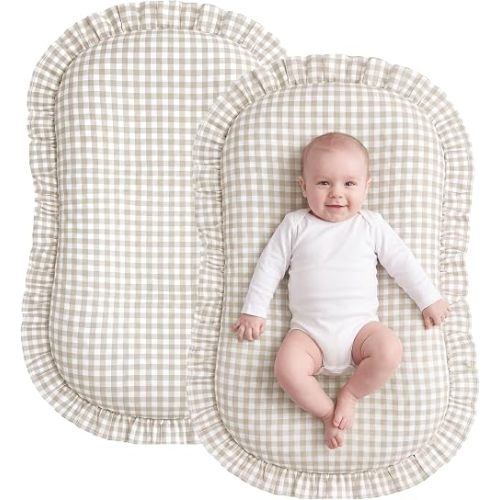 CrystalSylara 2 Pcs Gingham Baby Lounger Cover with Ruffle 100% Cotton Plaid Lounger Cover Baby Nest Slipcover for Boys Girls(Beige Brown)