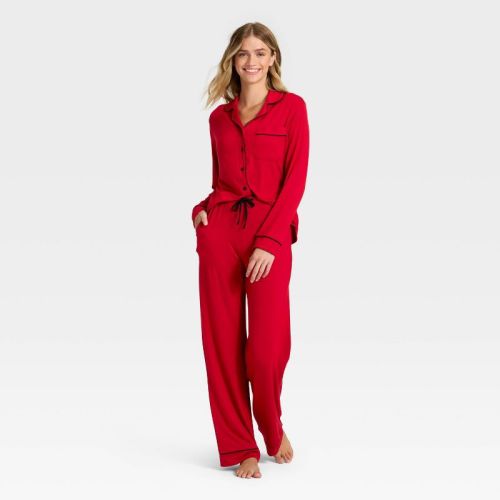 Women's Cloud Knit Modal Long Sleeve Notch Collar Top and Pants Pajama Set - Auden™